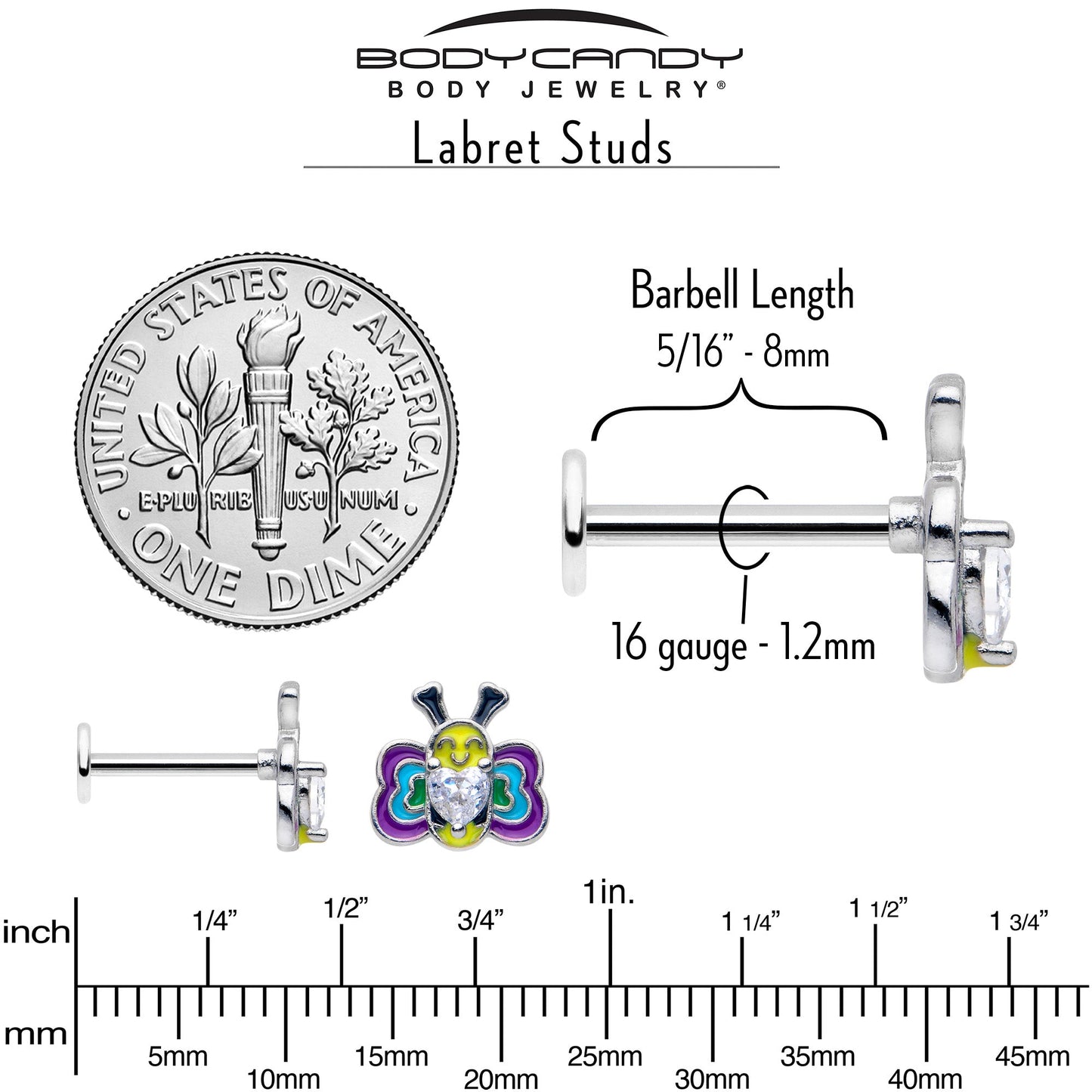 16G 5/16 Clear CZ Gem Butterfly Love Bug Labret Monroe Tragus