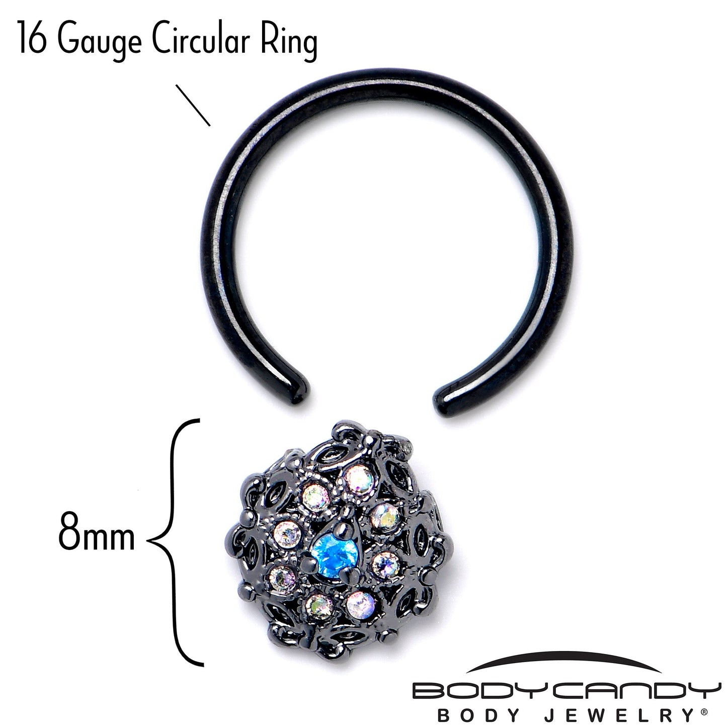 16G 3/8 Blue Aurora Gem Black Night Blossom BCR Captive Ring