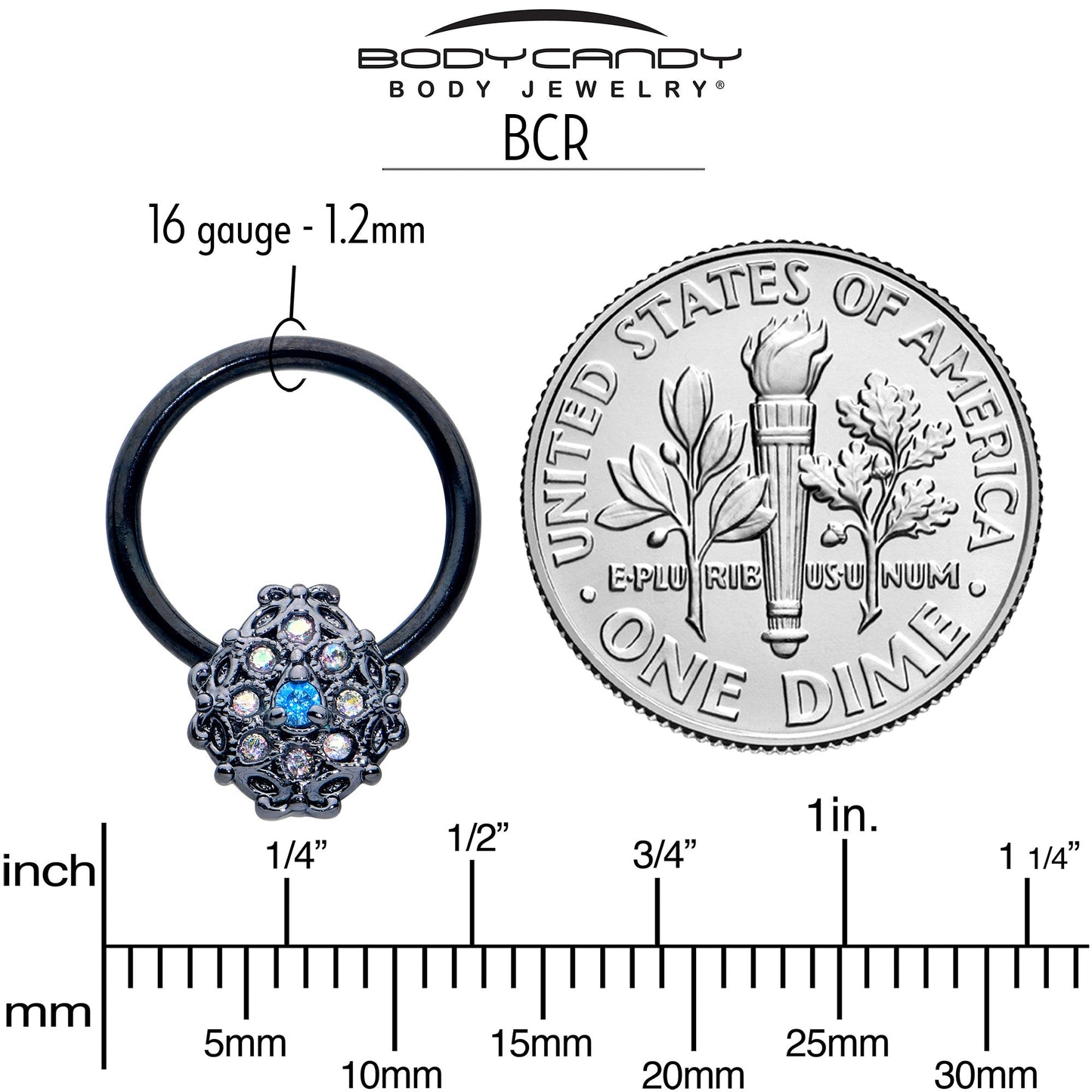 16G 3/8 Blue Aurora Gem Black Night Blossom BCR Captive Ring