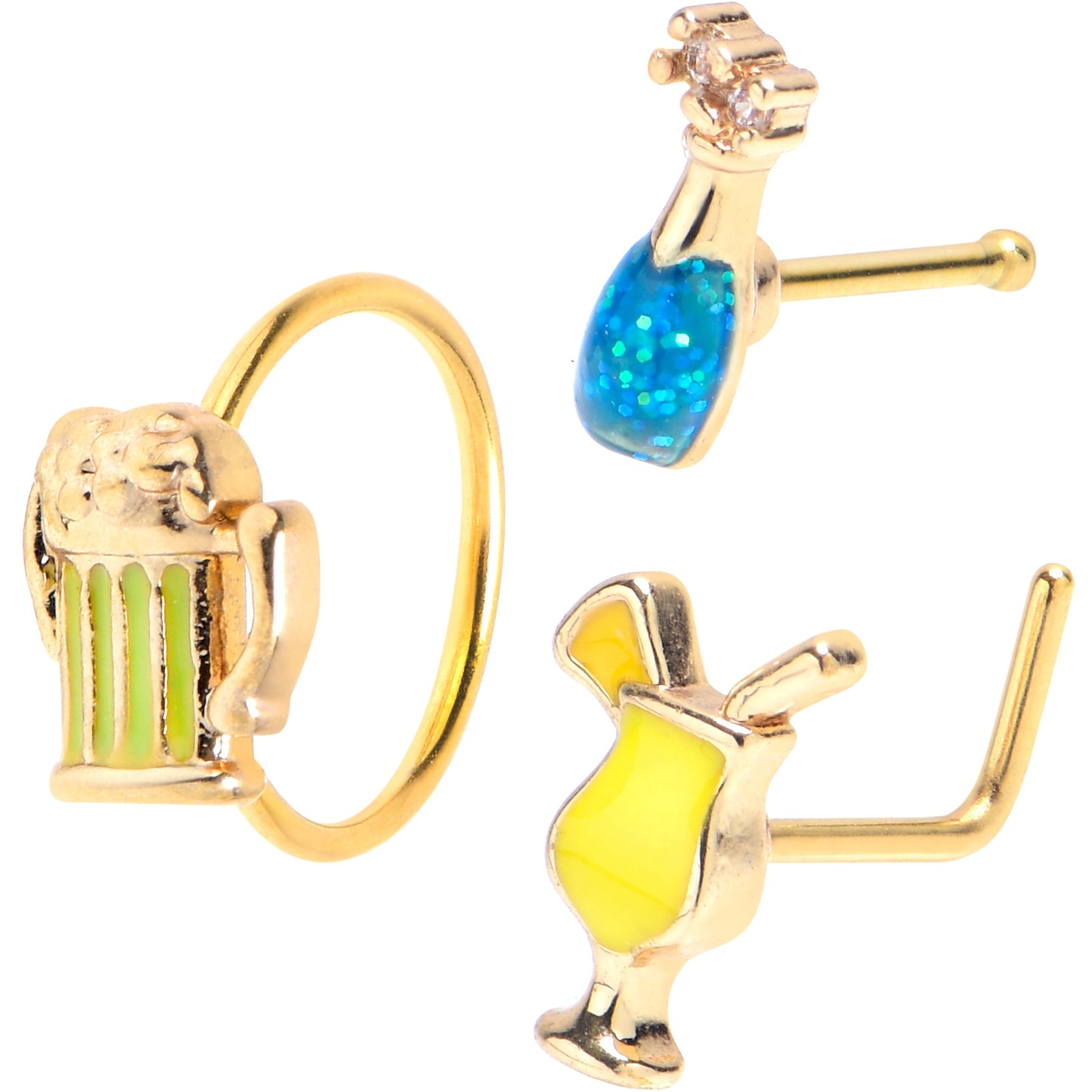 20G 1/4 5/16 Gold Tone Happy Hour Nose Bone Hoop Set of 3