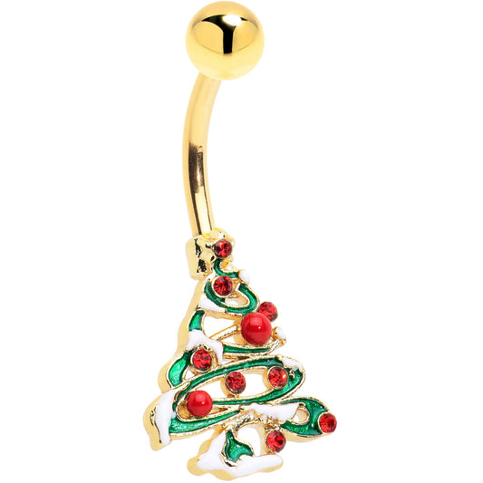 Red Gem Gold Tone Snowy Christmas Tree Holiday Belly Ring