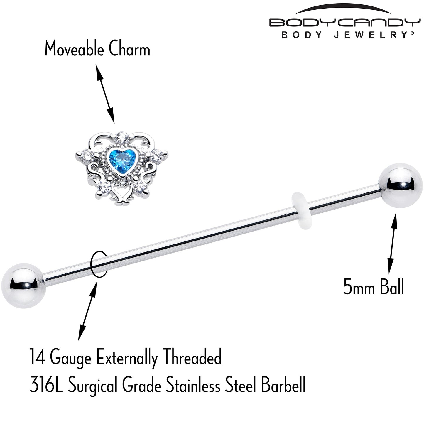 14G Blue Clear CZ Gem Heart Pair Industrial Barbell 38mm