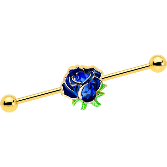 14G Blue Gem Gold Tone Deep Blue Flower Industrial Barbell 38mm
