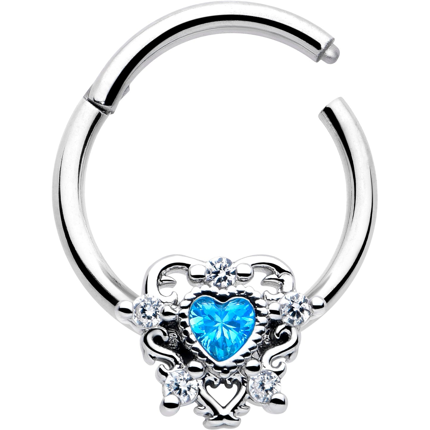 16G 3/8 Blue Clear CZ Gem Heart Pair Hinged Segment Ring