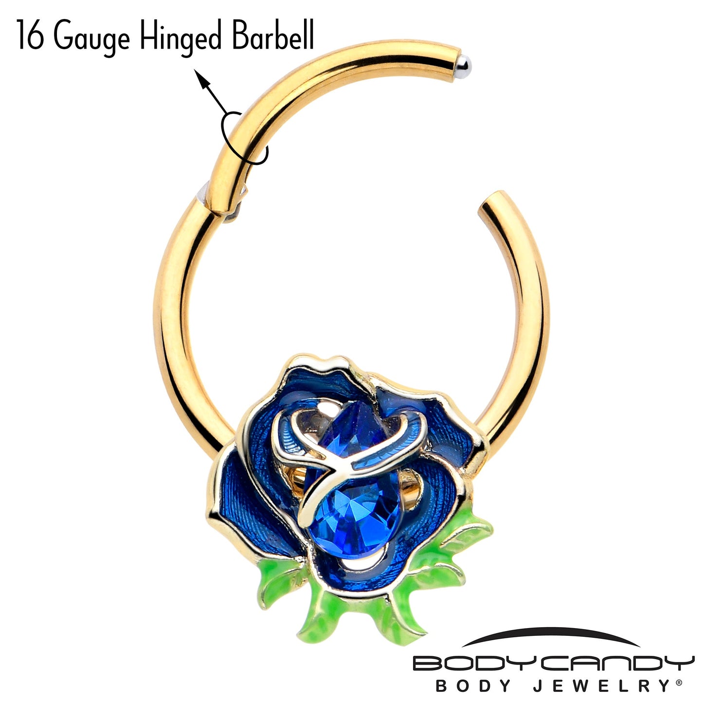 16G 3/8 Blue Gem Gold Tone Deep Blue Flower Hinged Segment Ring