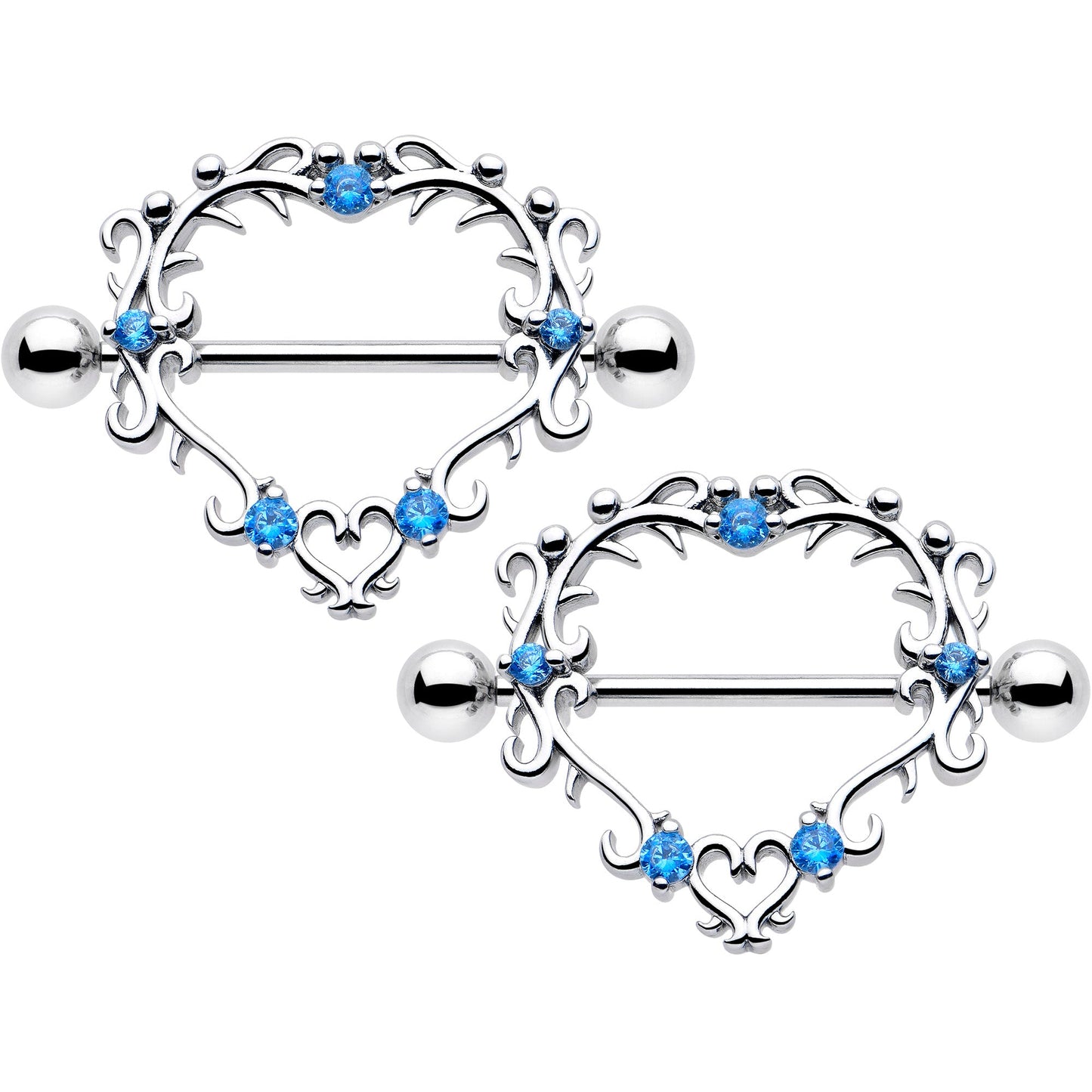 14G 9/16 Blue CZ Gem Leafy Heart Nipple Shield Set