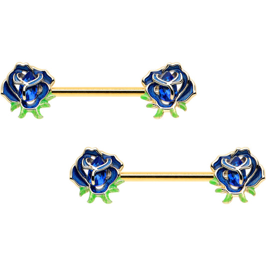 14G 9/16 Blue Gem Gold Hue Deep Blue Flower Barbell Nipple Ring Set