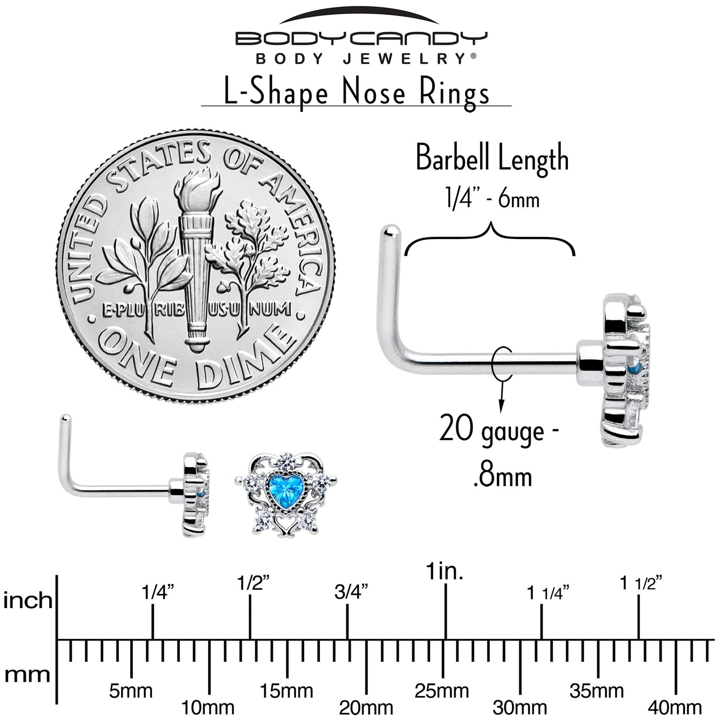 20G 7mm Blue Clear CZ Gem Heart Pair L Shape Nose Ring