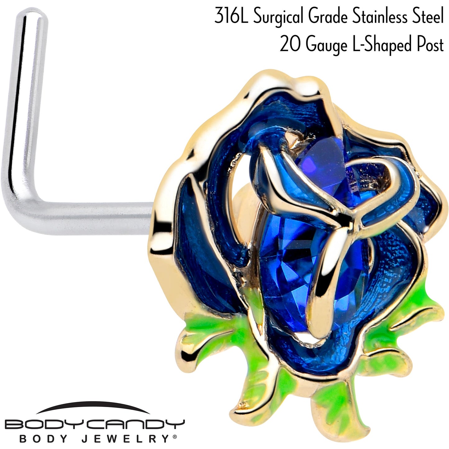 20G 7mm Deep Blue Flower L Shape Nose Ring