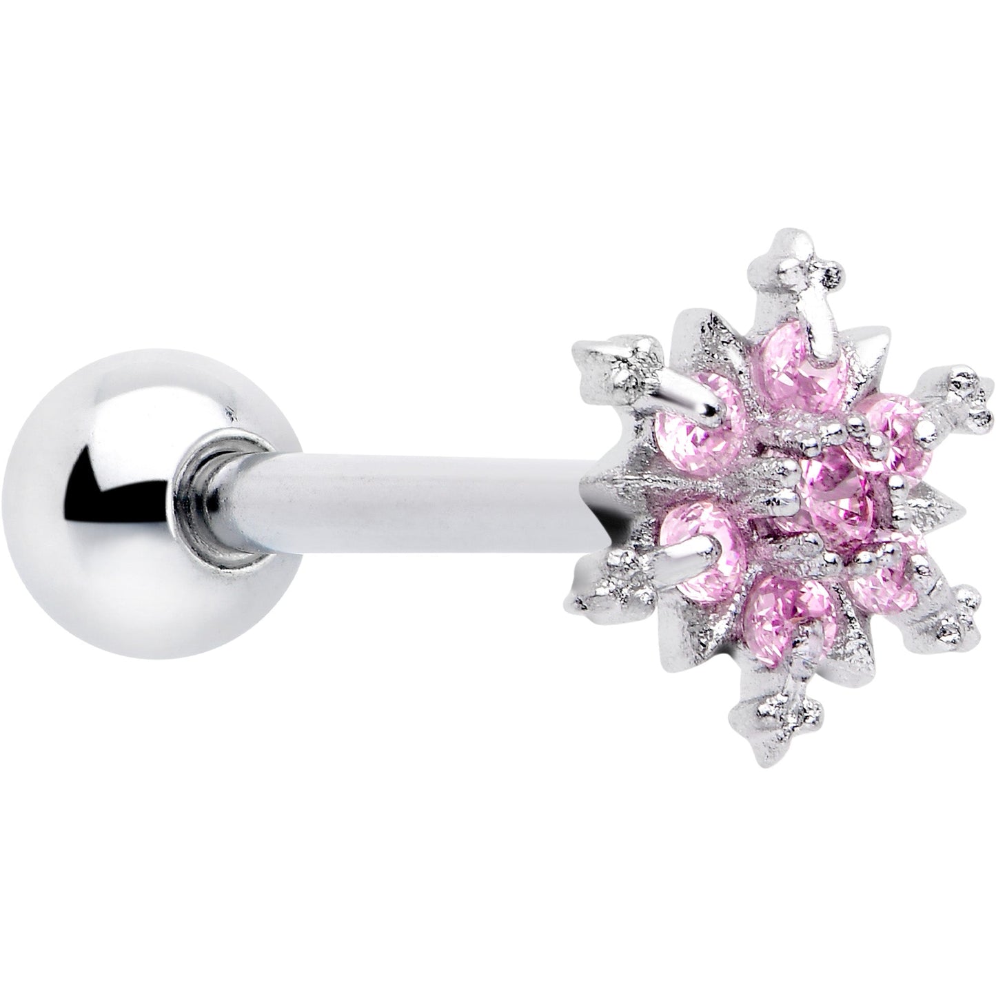 Pink CZ Gem Snowflake Glam Barbell Tongue Ring