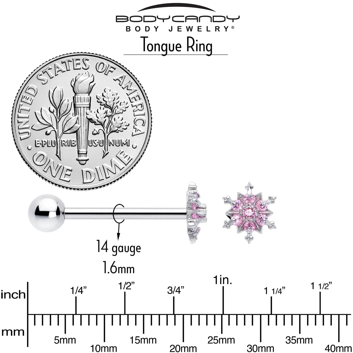 Pink CZ Gem Snowflake Glam Barbell Tongue Ring