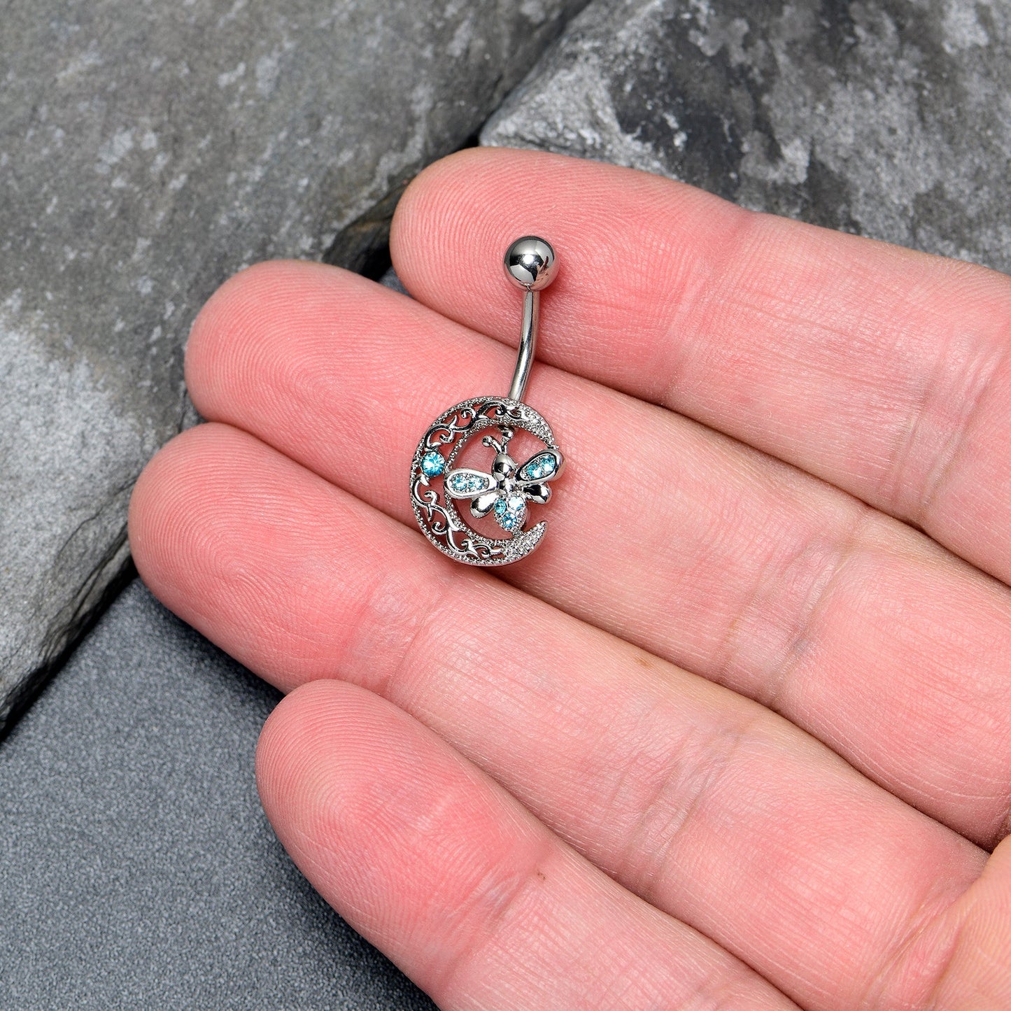 Blue Gem Lunar Dragonfly Dangle Belly Ring