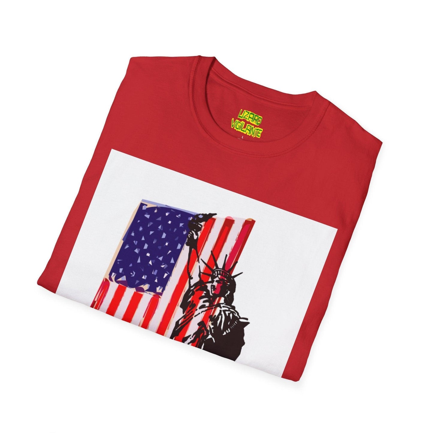 American Flag With Statue of Liberty Graphic Unisex Softstyle T-Shirt - Lizard Vigilante