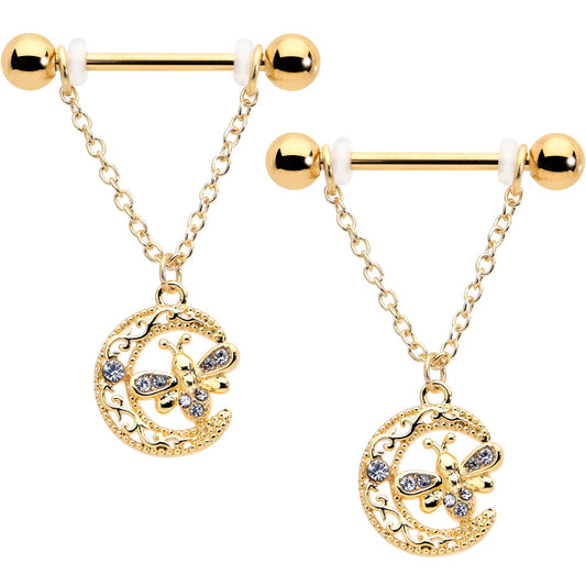 14G 3/4 Clear Gem Gold Tone Lunar Dragonfly Dangle Nipple Ring Set