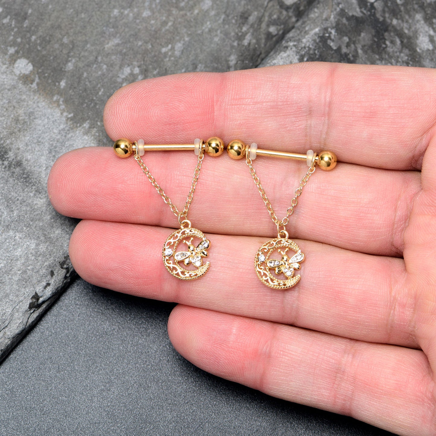 14G 3/4 Clear Gem Gold Tone Lunar Dragonfly Dangle Nipple Ring Set