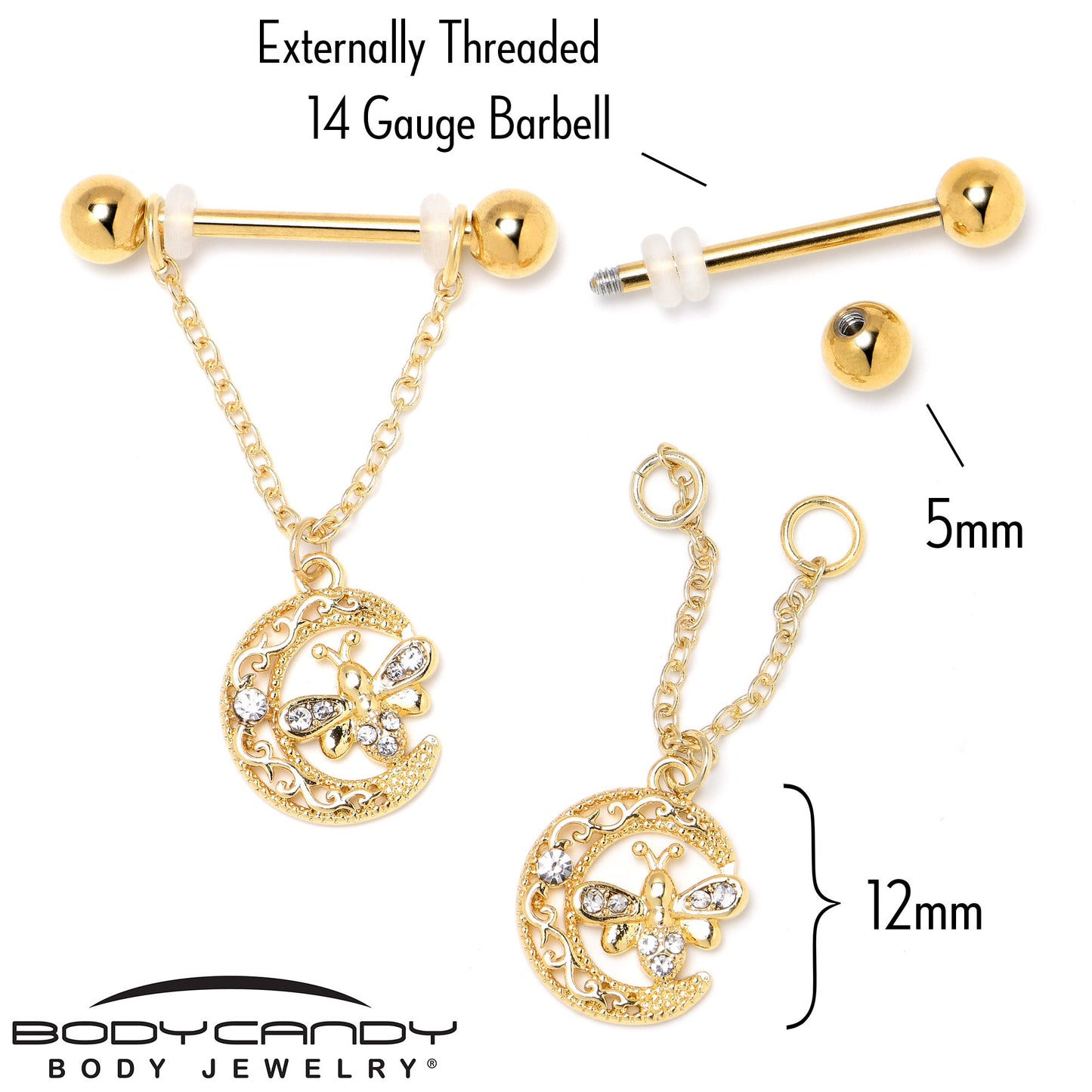 14G 3/4 Clear Gem Gold Tone Lunar Dragonfly Dangle Nipple Ring Set