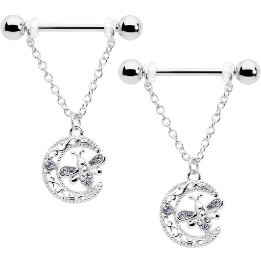 14G 9/16 Clear Gem Lunar Dragonfly Chain Dangle Nipple Ring Set