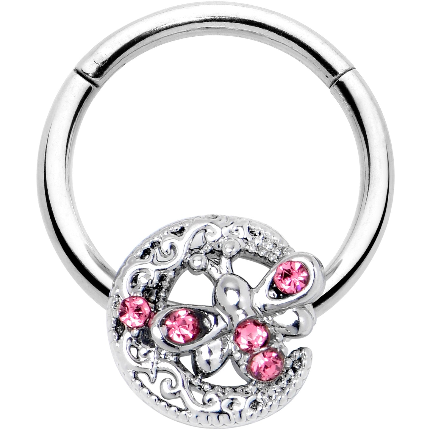16G 3/8 Pink Gem Lunar Dragonfly Hinged Segment Ring