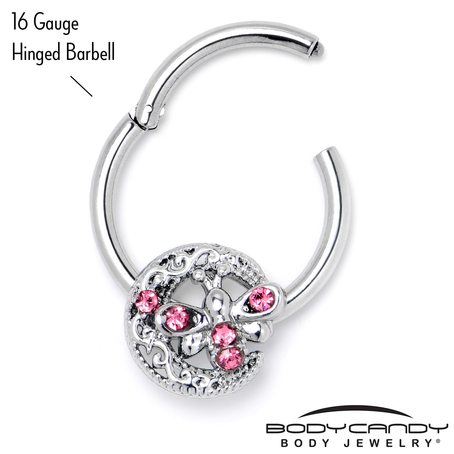 16G 3/8 Pink Gem Lunar Dragonfly Hinged Segment Ring
