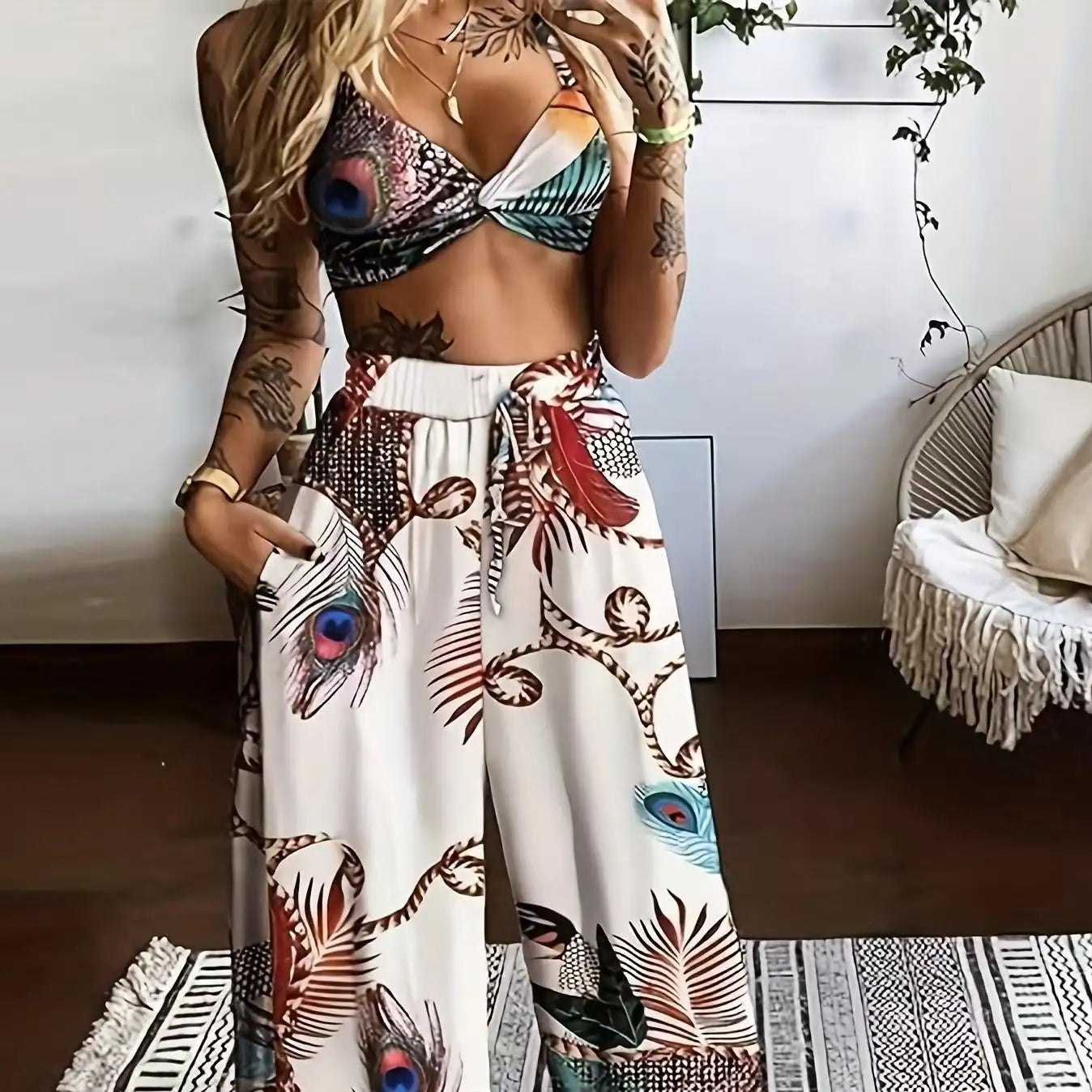 Women's Feather Printed Black Vacation Sexy Strap Pants Set