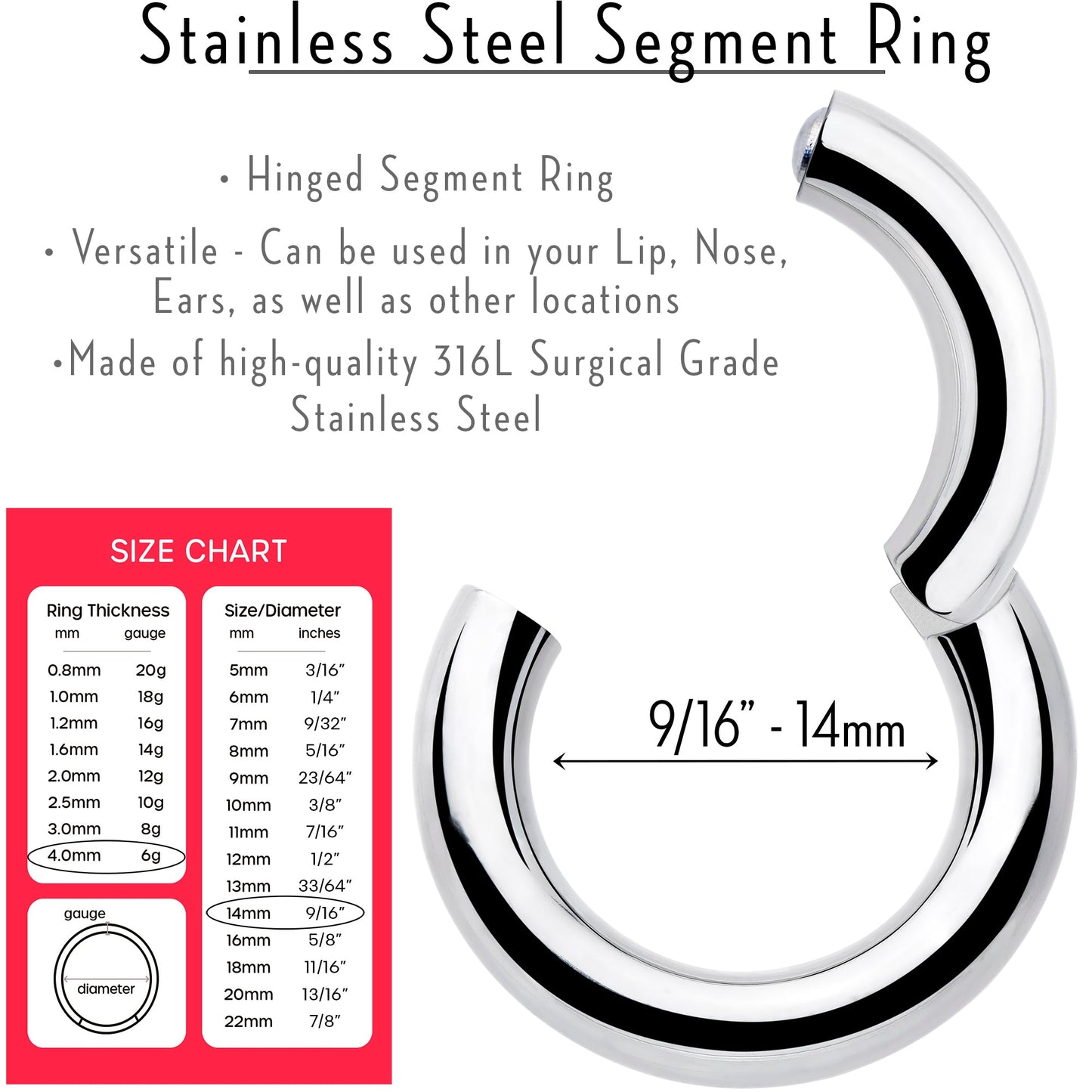 6G 9/16 316L Surgical Steel Precision Hinged Segment Hoop