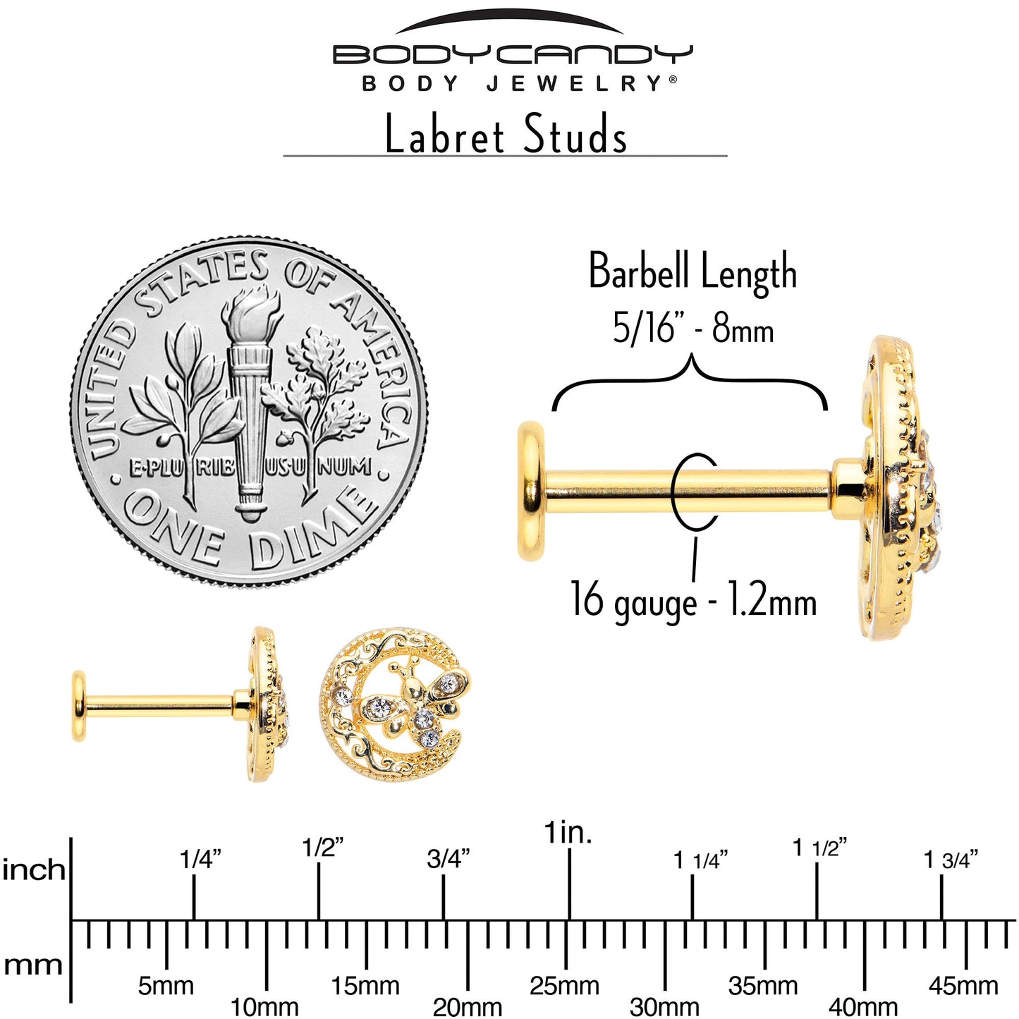 16G 5/16 Clear Gem Gold Tone Interally Threaded Dragonfly Labret