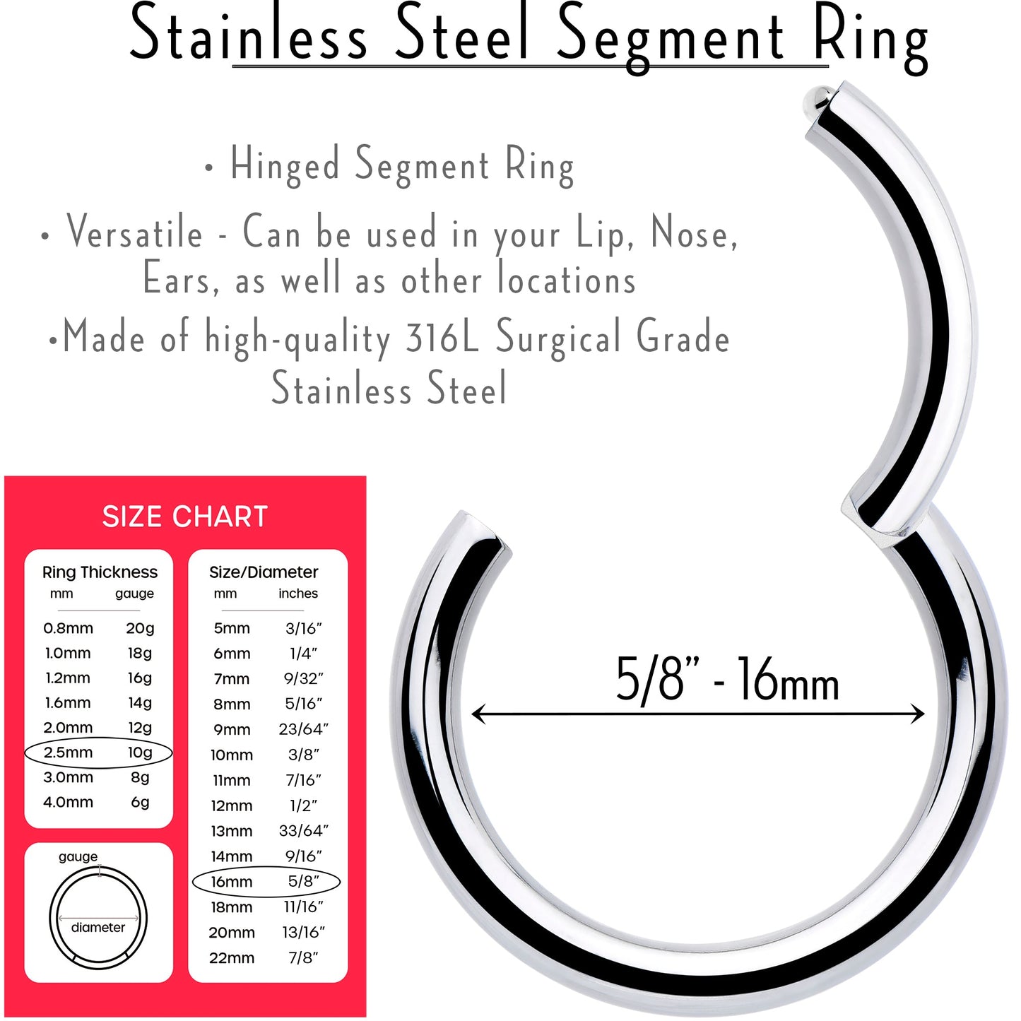 10G 5/8 316L Surgical Steel Precision Hinged Segment Hoop