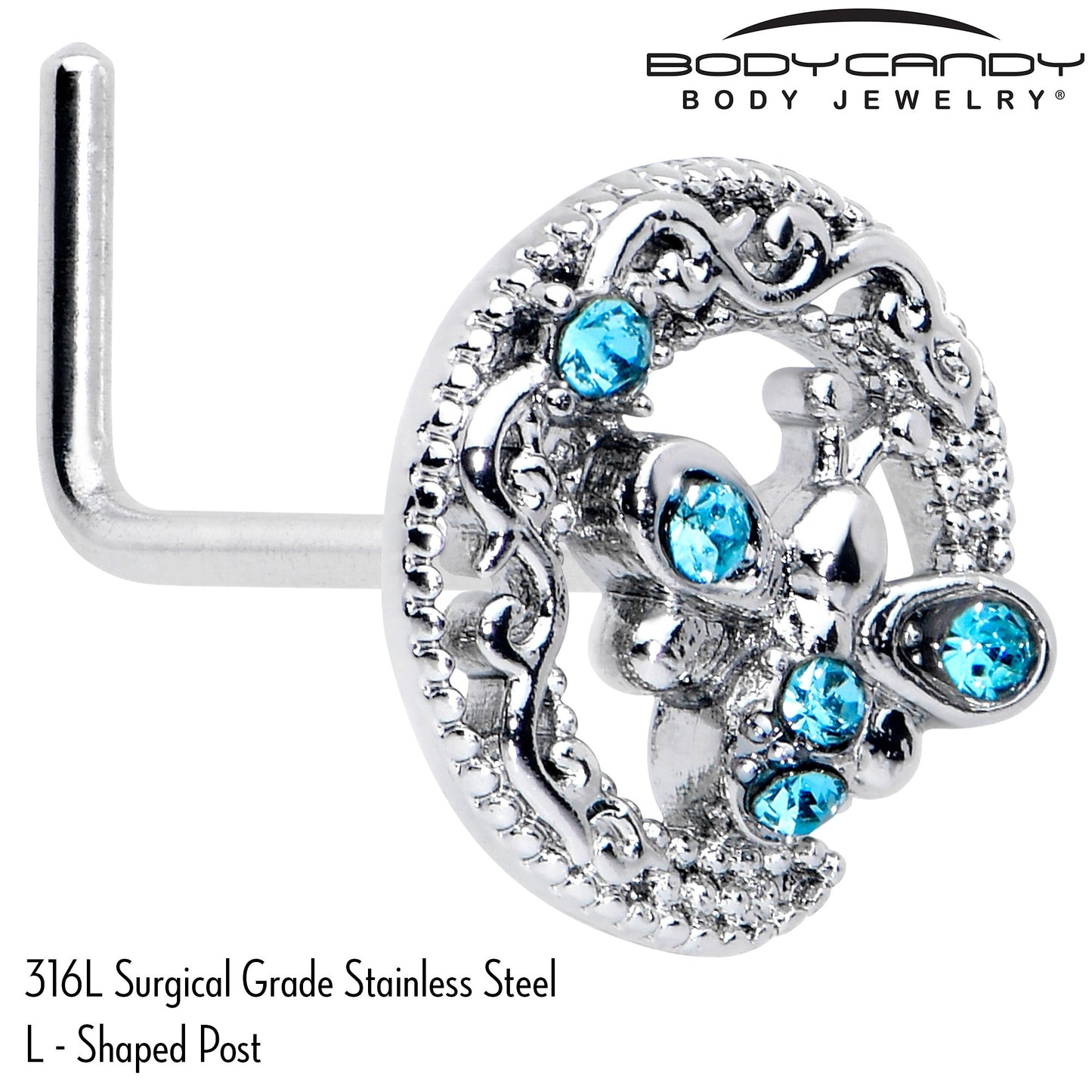 20G 7mm Blue Gem Lunar Dragonfly L Shape Nose Ring