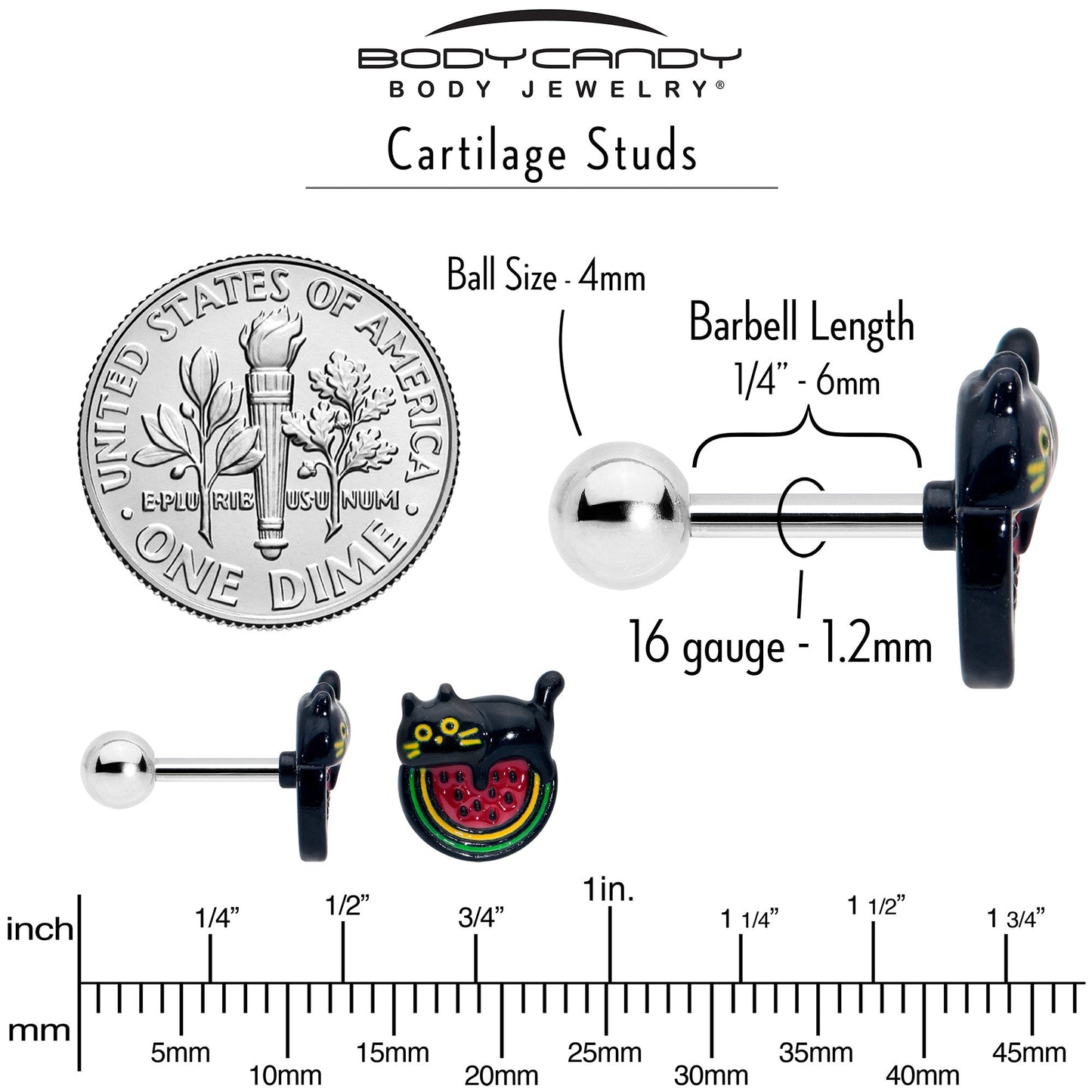 16G 1/4 Watermelon Cat Love Cartilage Tragus Earring