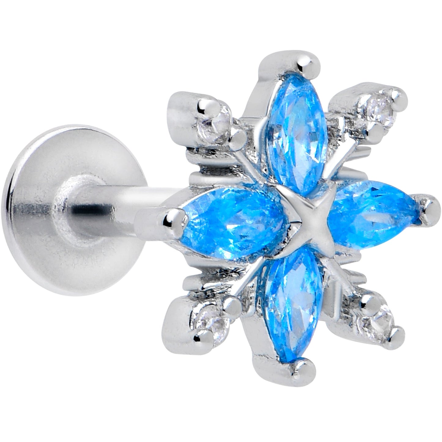 16G 1/4 Blue CZ Gem Classic Flower Flatback Stud