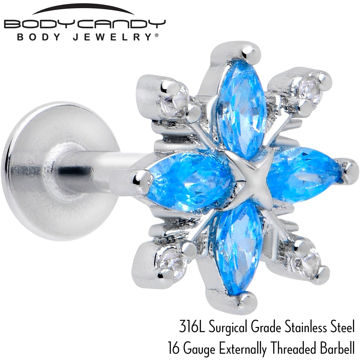 16G 1/4 Blue CZ Gem Classic Flower Flatback Stud