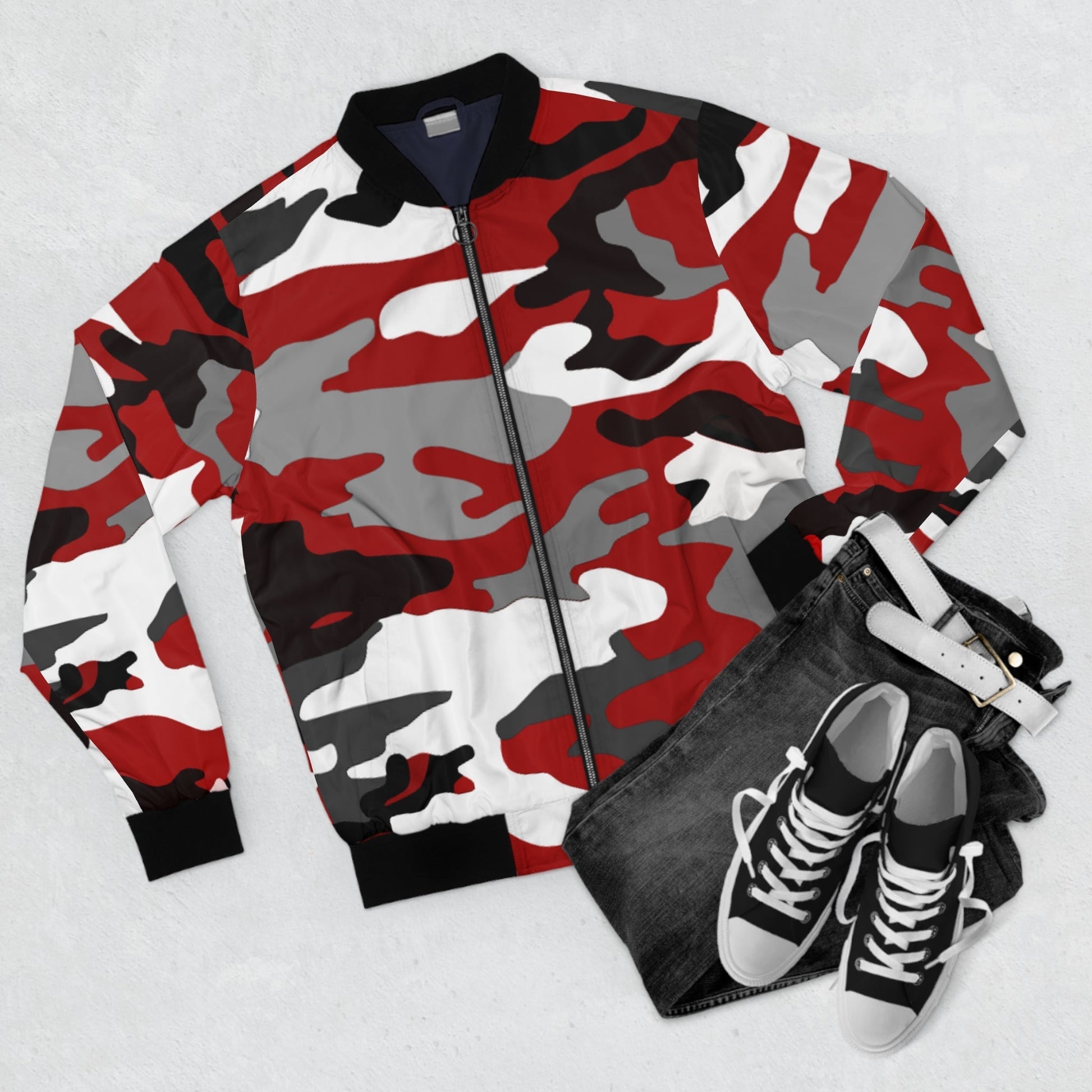 Red, Black, Gray, White Camouflage Men's Bomber Jacket - Premium All Over Prints from Printify - Just $74.99! Shop now at Lizard Vigilante