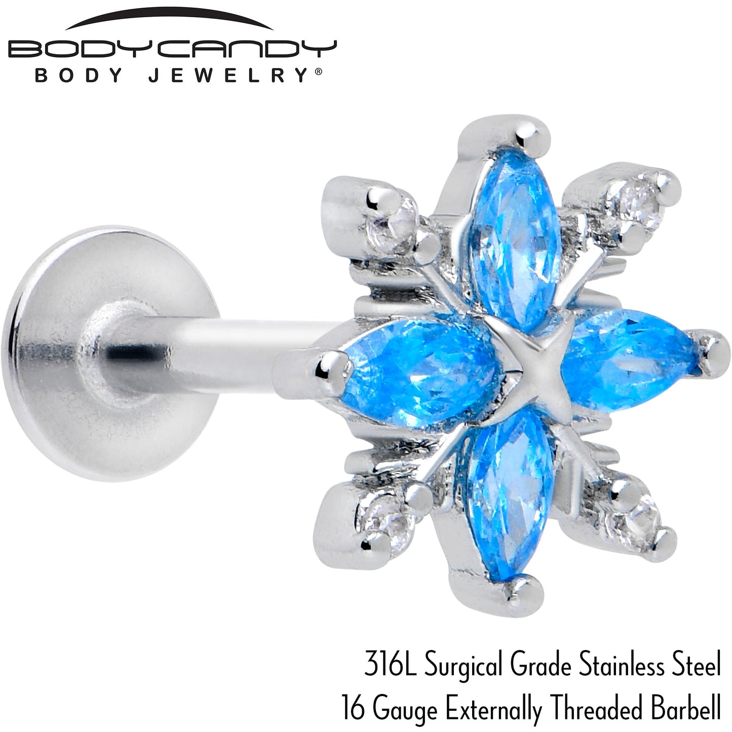 16G 5/16 Blue CZ Gem Classic Flower Flatback Stud