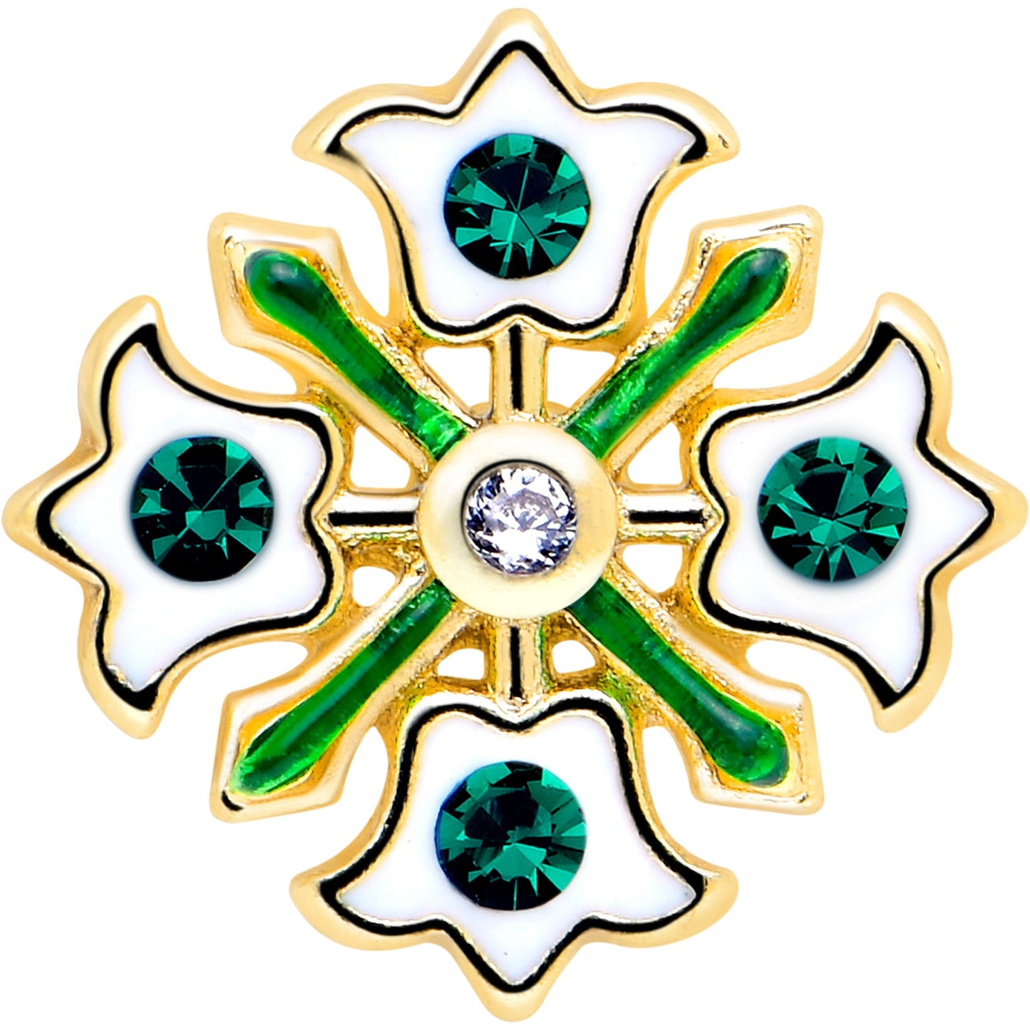 16G 5/16 Green CZ Gem Gold Tone Flower Wreath Flatback Stud