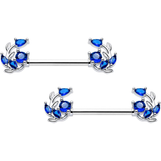 14G 9/16 Blue Gem Twining Vine Barbell Nipple Ring Set