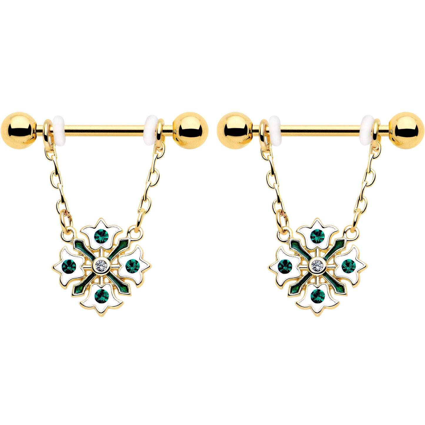 14G 9/16 Green Gem Gold Tone Flower Wreath Dangle Nipple Ring Set