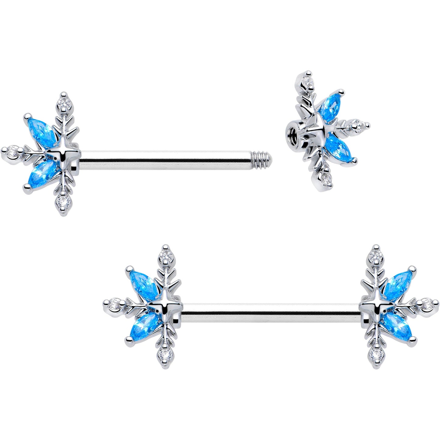 14G 9/16 Blue CZ Gem Classic Flower Barbell Nipple Ring Set