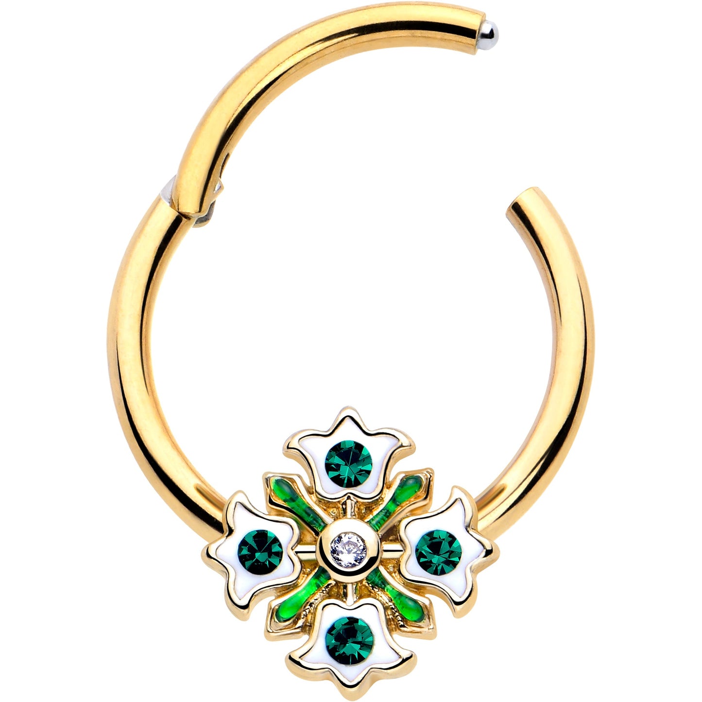 16G 3/8 Green Gem Gold Tone Flower Wreath Hinged Segment Ring