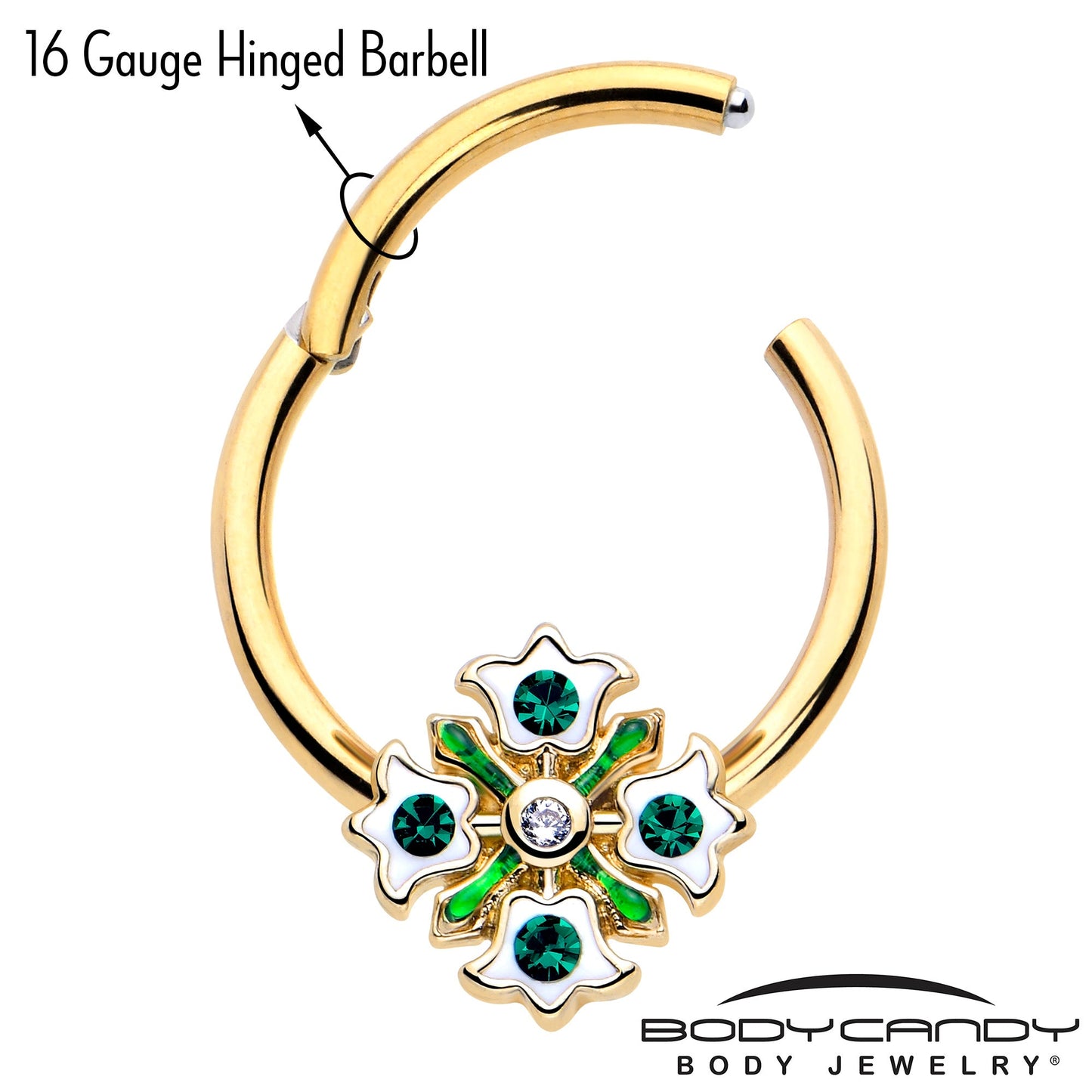 16G 3/8 Green Gem Gold Tone Flower Wreath Hinged Segment Ring