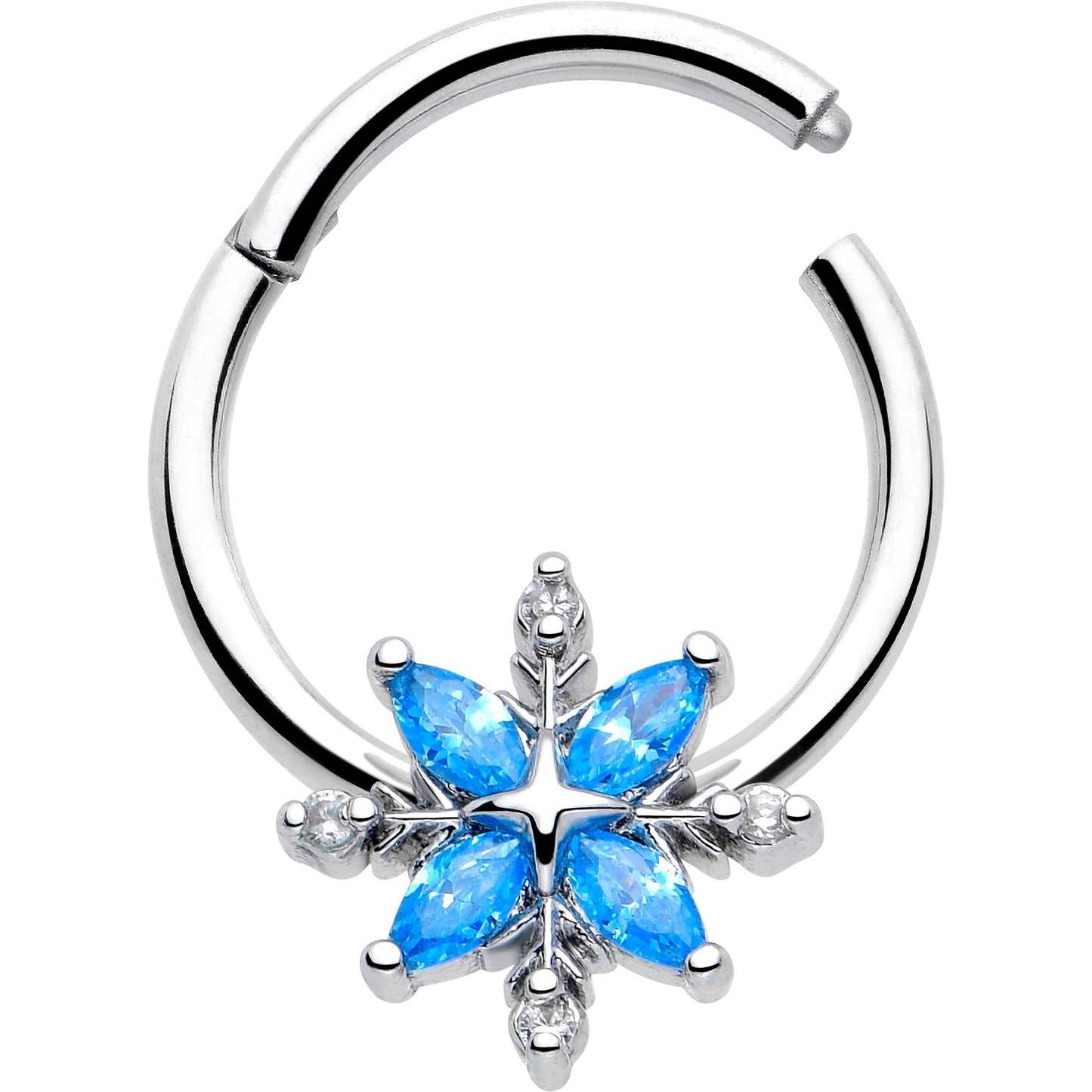 16G 3/8 Blue CZ Gem Classic Flower Hinged Segment Ring