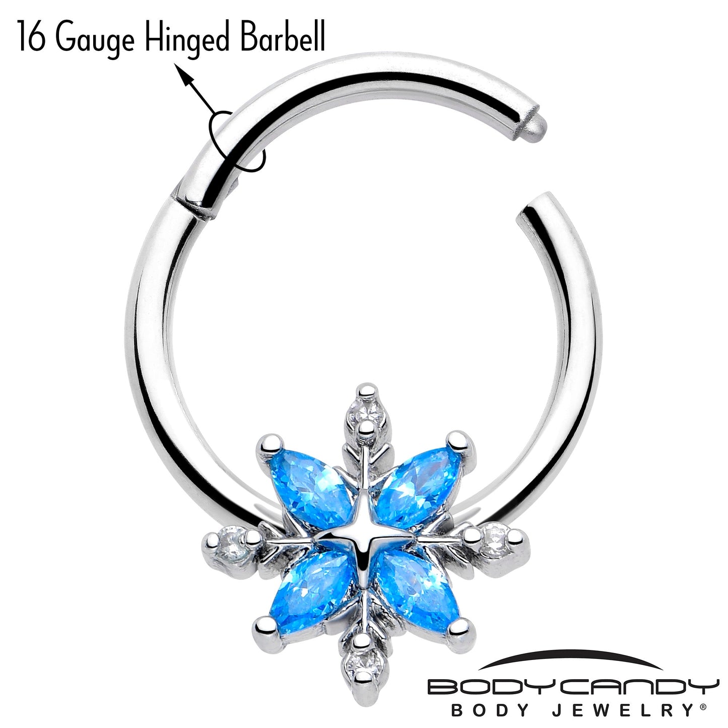 16G 3/8 Blue CZ Gem Classic Flower Hinged Segment Ring