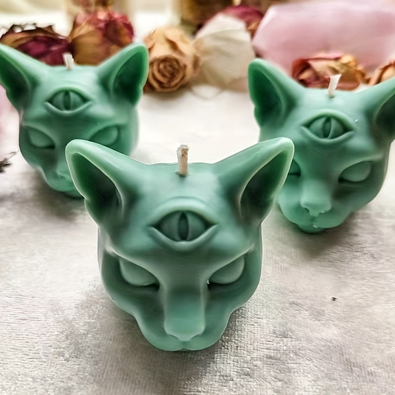 1pc 3D Three Eyed Cat Resin Scented Candle Wax Silicone Mold, DIY Evil Cat Head Silicone Molds For Candle Chocolate Making Epoxy Soap Casting, Animal Shape Molds For Halloween Gifts Home Decor