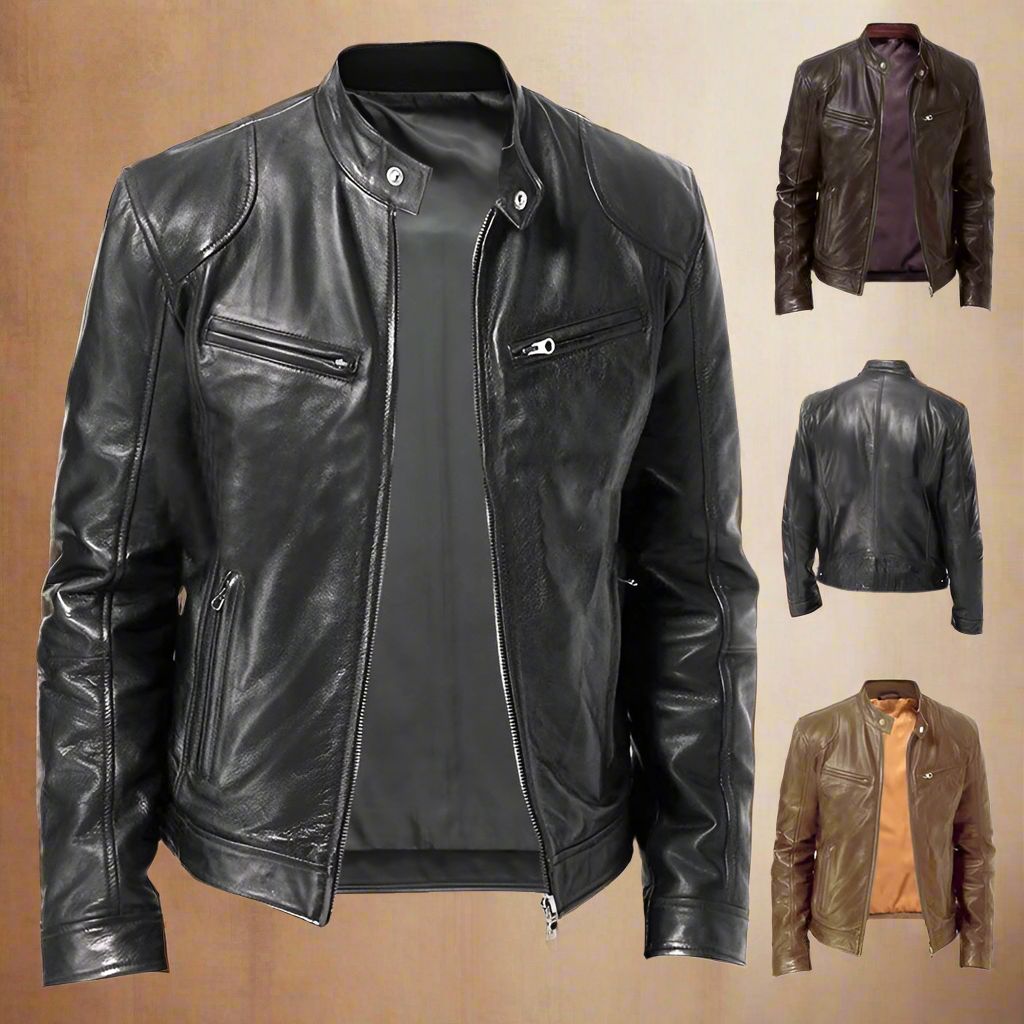 Men's PU Leather Motorcycle Jacket – Slim Biker Windbreaker with Pillow Collar - Premium jacket from Lizard Vigilante - Just $58.88! Shop now at Lizard Vigilante