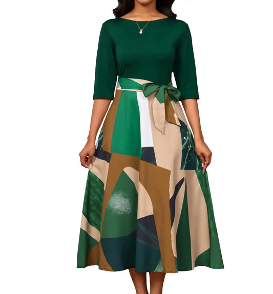 IbuduSexy Church Dresses for Women Maxi Dresses for Women 2024 Color Block Half-Sleeve Green