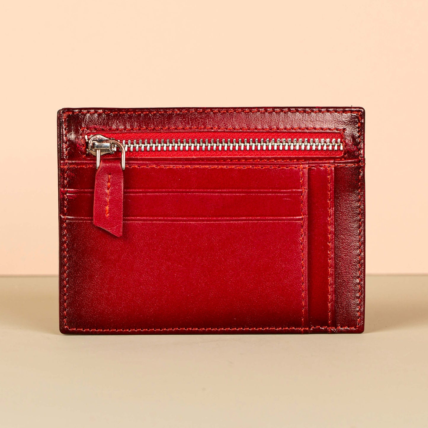 Vibrant Leather Card Holder with Zipper Pocket - Glossy Red - Concord