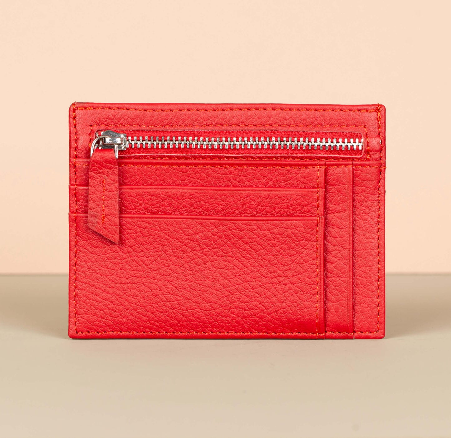 Vibrant Leather Card Holder with Zipper Pocket - Red - Concord