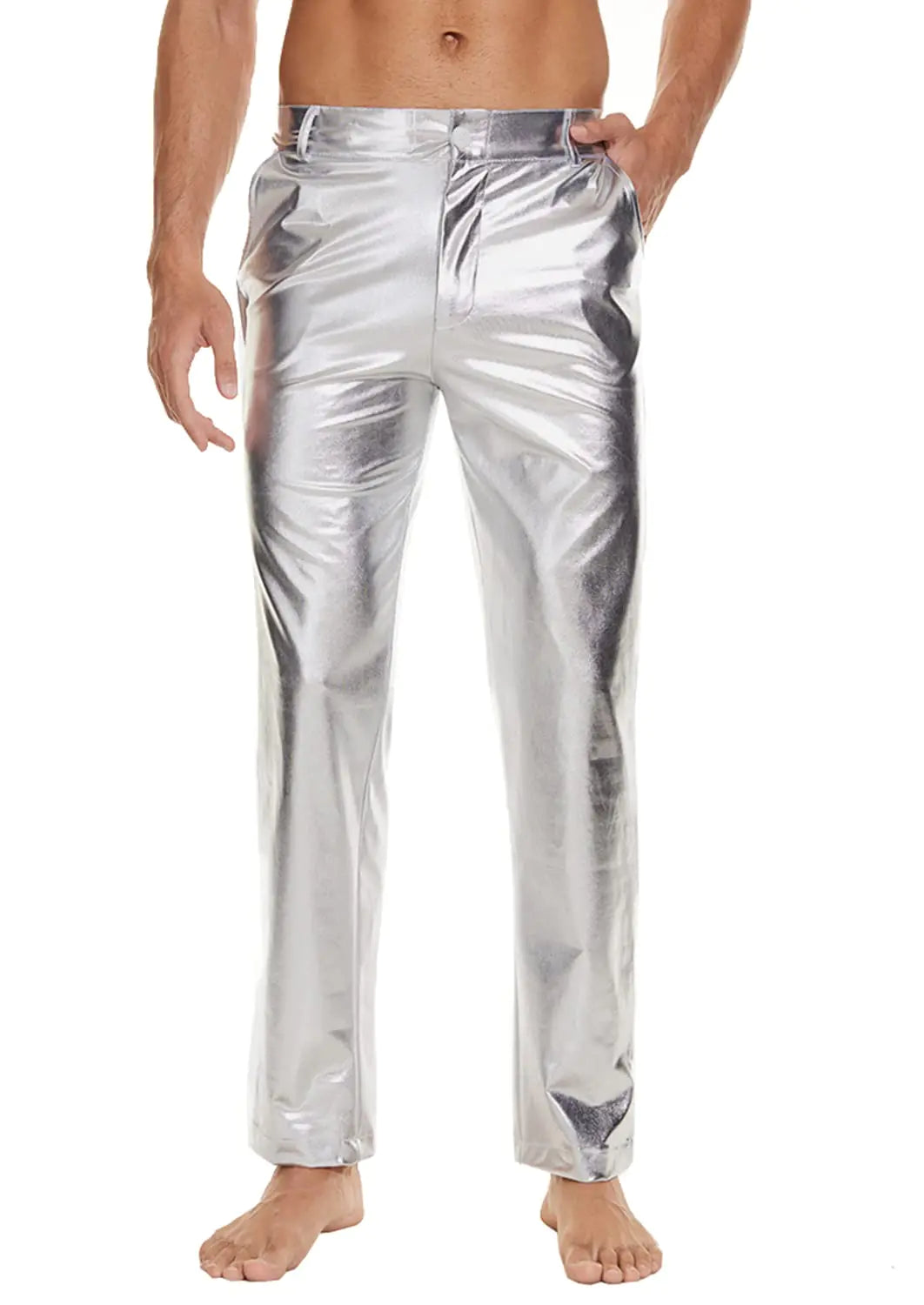 Mens Metallic Shiny Disco Pants Wet Look Party Dance Straight Leg Trousers 70s/80s Festival Rave Cosplay Leather Pants (Silver M)