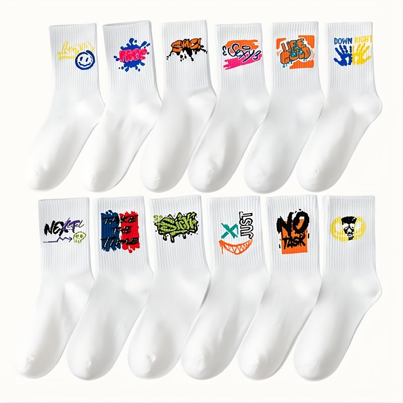 3/6/8/10/12 Pairs Of Medium Length Socks With Graffiti And Spray Painting For Personalized Fashion, Comfort, And Durability