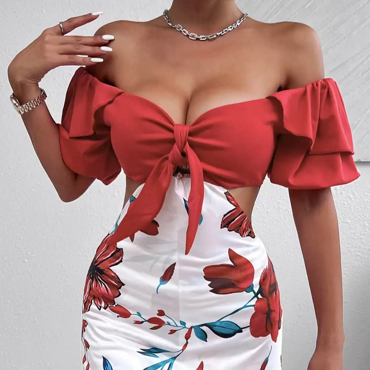 Ladies' Fashionable Casual Floral Print Off Shoulder Knot Decoration Hollow Jumpsuit