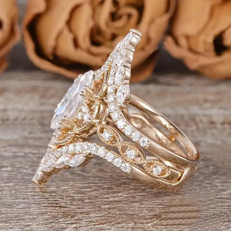 Crown Horse Eye Diamond Ring Set Copper Luxury